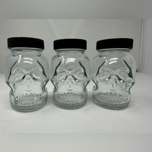 Set of  3 • Skull Glass Jars • with Black Lids